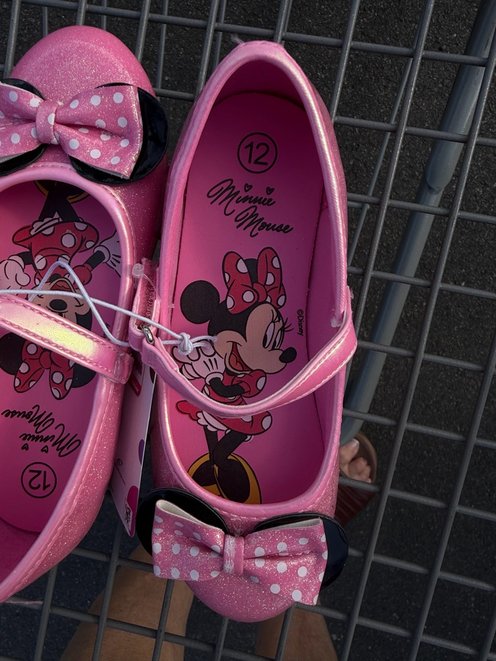 Disney Pink Minnie Mouse Glitter Mary Janes with Polka Dot Bow size 12 nwt